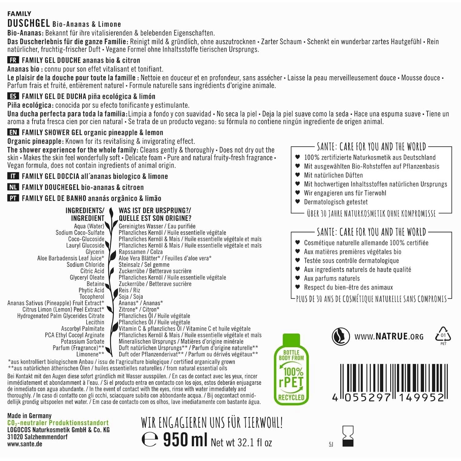 SANTE Cosmética Natural Gel de ducha refrescante con fragancia cítrica, 950 ml Ducha y baño Naty Shop