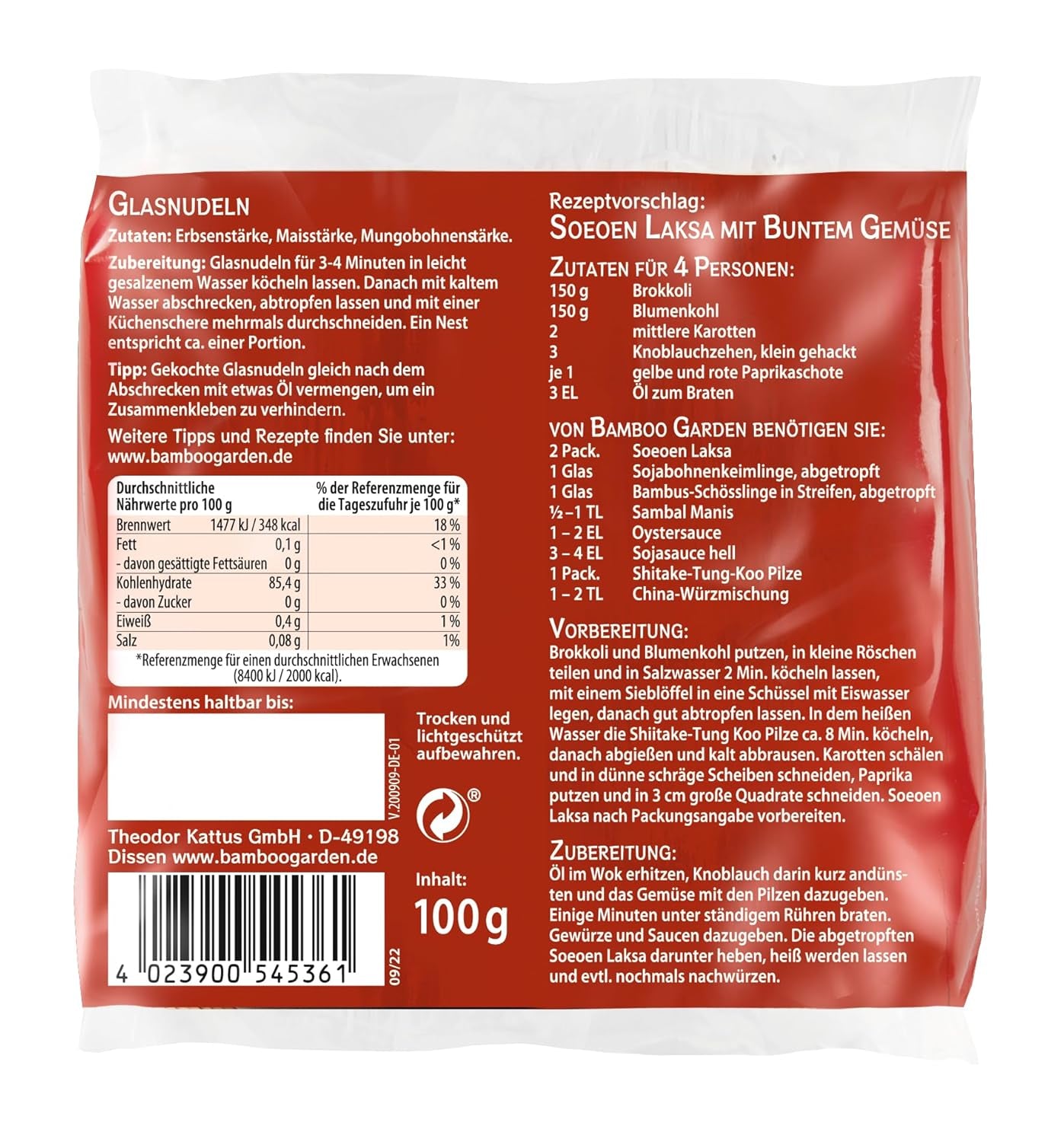 Fideos de vidrio Soeoen Laksa de Bamboo Garden, 100 g