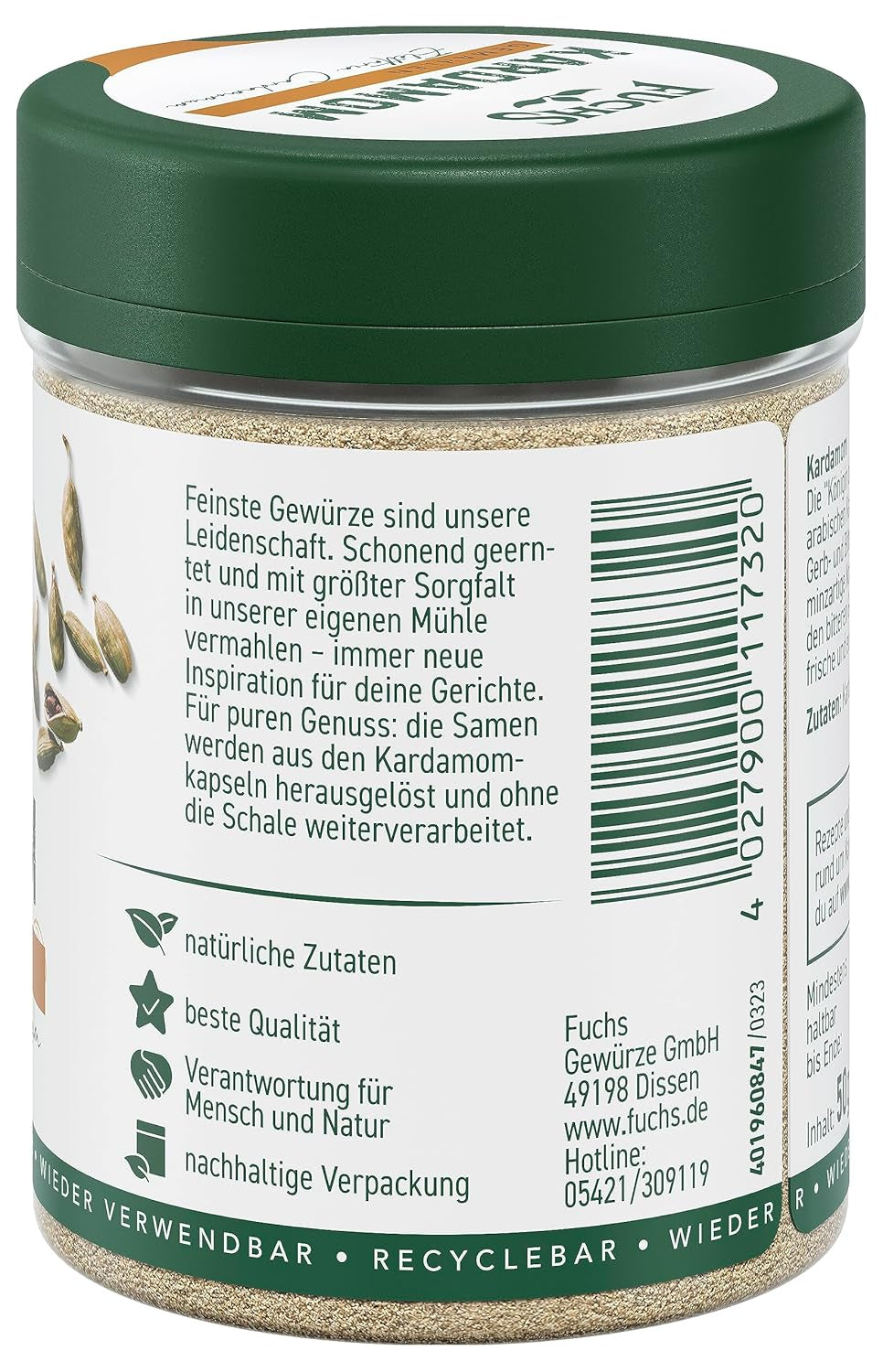 Fuchs Gewürze - Kardamom gemahlen - Gewürz für Glühwein oder Fleischgerichte wie Roastbeef oder Schweinebraten - ingredientes naturales - 50 g en wiederverwendbarer, recyclebarer Dosis