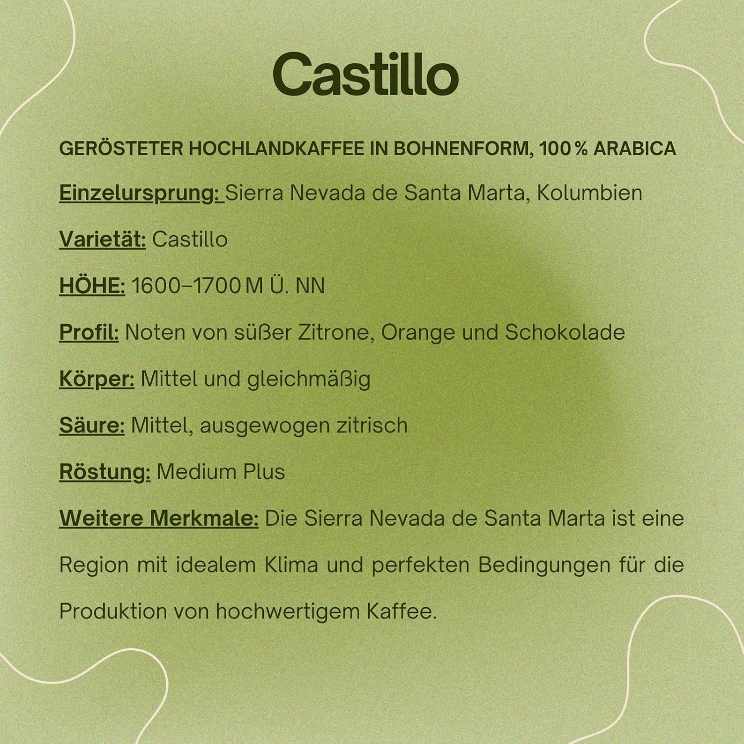 Spezialitätenkaffee Bohnen 100% Arabica Natural Mittlere Röstung Gewaschener Prozess Zitrus Schokolade Karamell Schattenanbau Sierra Nevada (250 g, Castillo)