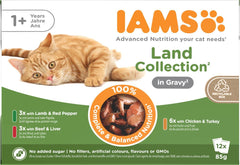 IAMS Delights Land Collection Hrană umedă pentru pisici - Pachet multiplu cu varietăți de carne (miel, vită, pui și curcan) în sos, hrană umedă pentru pisici de la 1 an, 12 x 85g