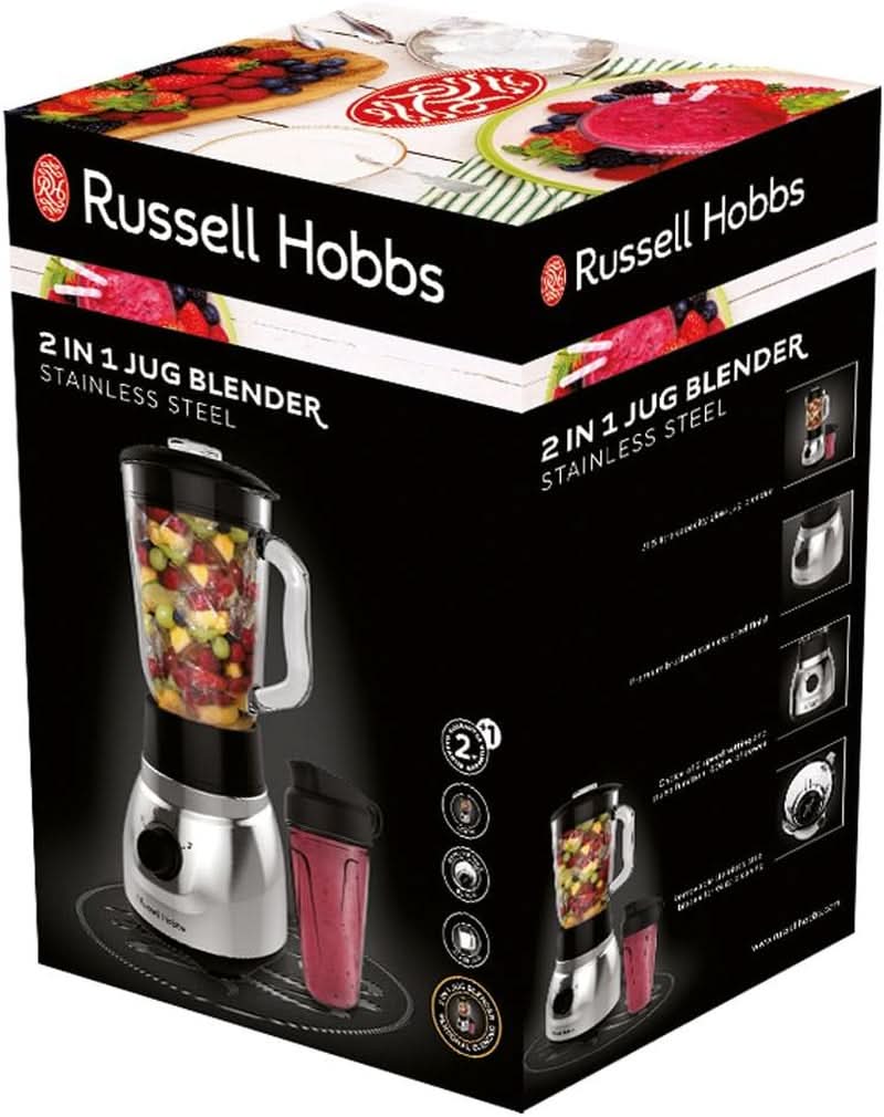 Russell Hobbs Batidora con base 2 en 1 [batidora con vaso de vidrio de 1,5 l y mini batidora de 0,6 l - To-Go-Trinkflasche Inkl. Deckel] Spülmaschinenfest, Función Impuls-/Ice-Crush, Becher BPA Frei, Edelstahl 23821-56 Cocina Naty Shop