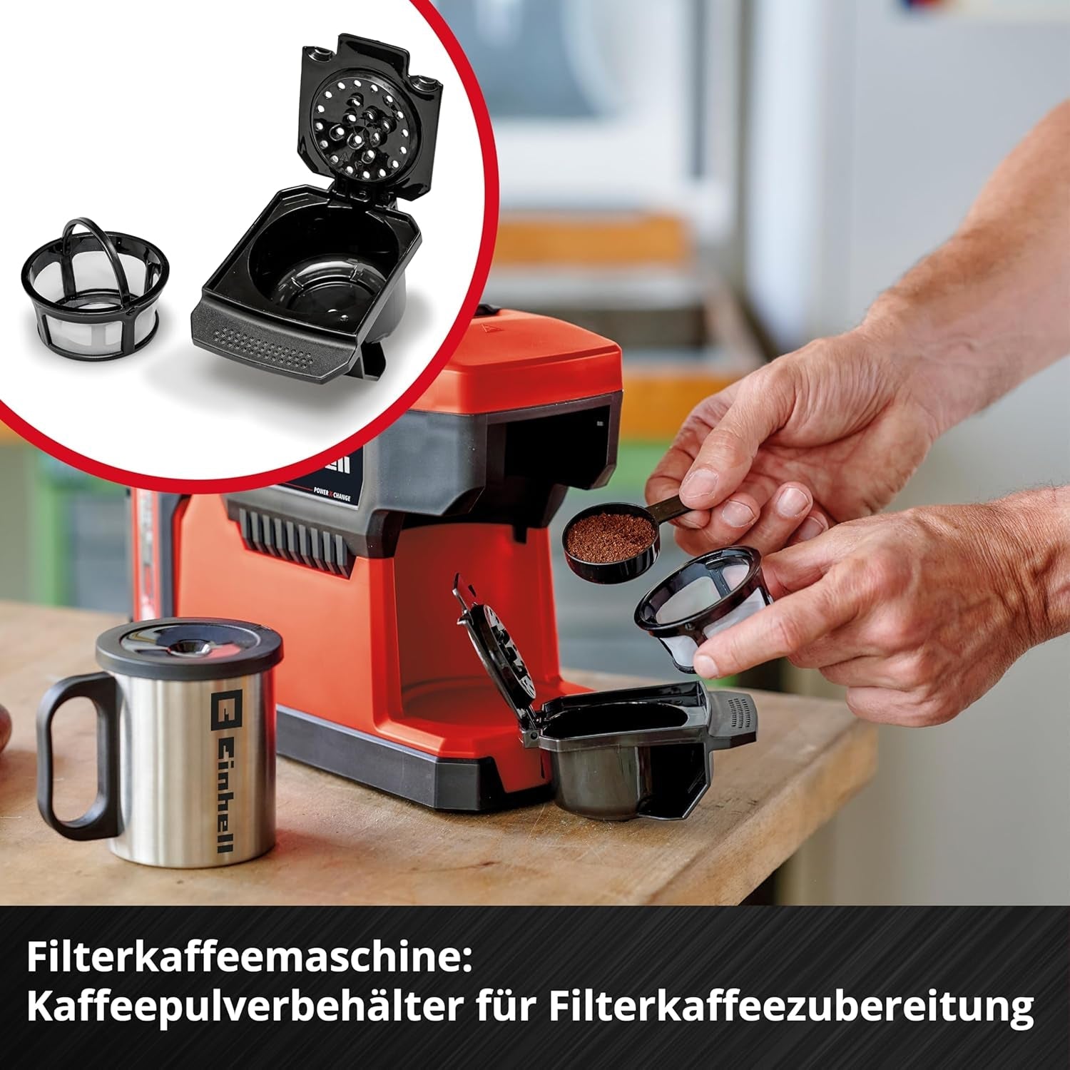 Espressor fără fir Einhell TE-CF 18 Li-Solo Power X-Change (18 V, rezervor de apă de 240 ml, pentru cafea filtrată și capsule de cafea, mâner de transport, incl. cană de cafea cu capac, fără baterie)