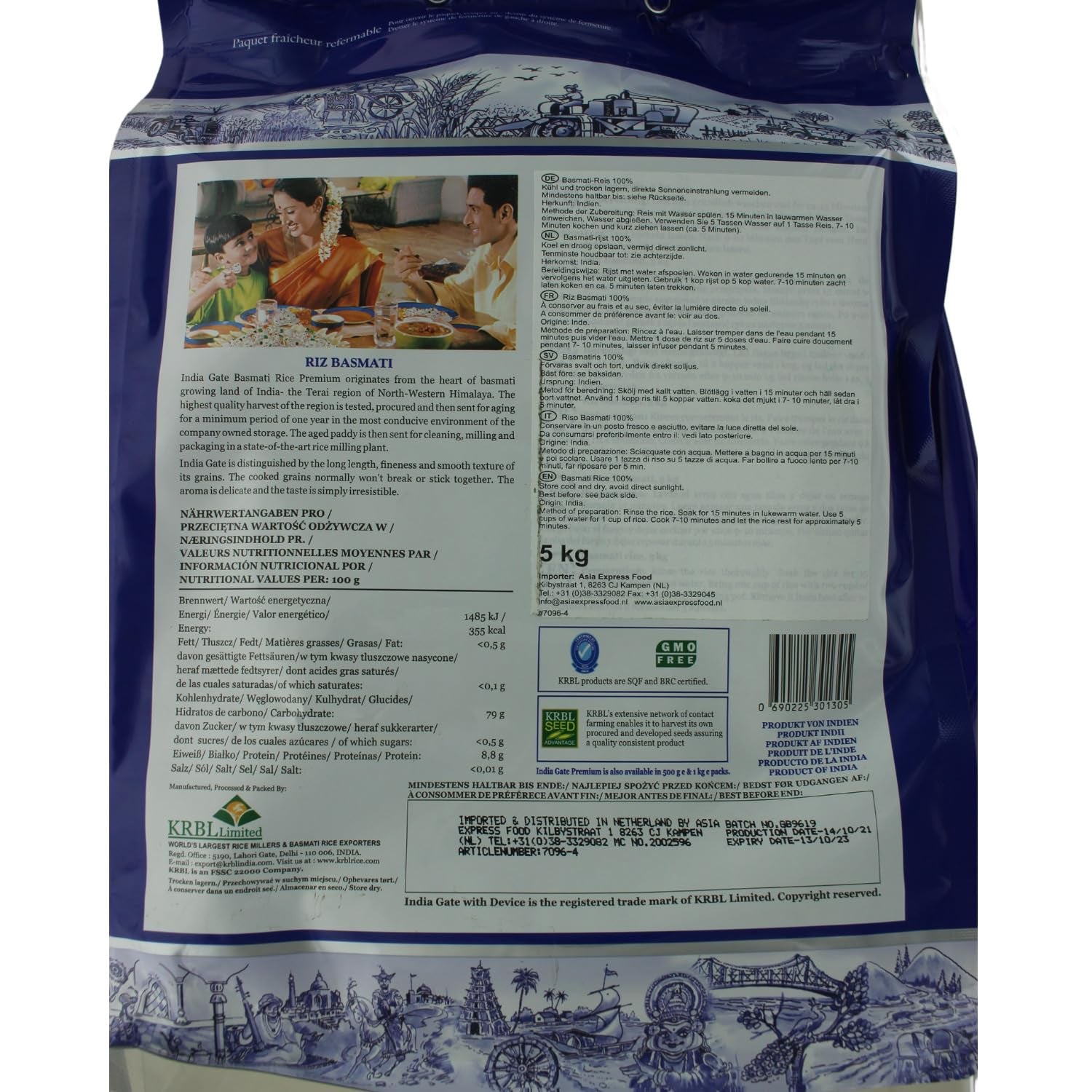 INDIA GATE Arroz Basmati Premium – Arroz fino y aromático de grano largo de la India, grano fino y largo (1 x 5 kg)