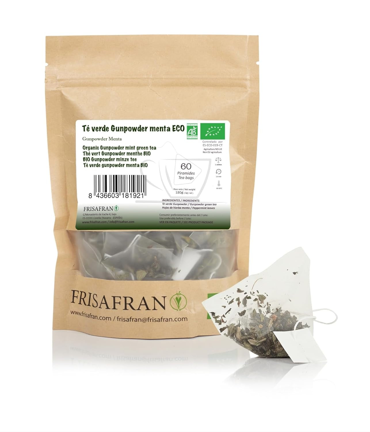 FRISAFRAN | Ceai verde organic Mint Gunpowder în piramide 30 unități | 60G | Antioxidant | Ceai verde japonez | Digestiv | Băutură răcoritoare | Infuzie de mentă | Ceai pur | Frunze de mentă | Cald-rece