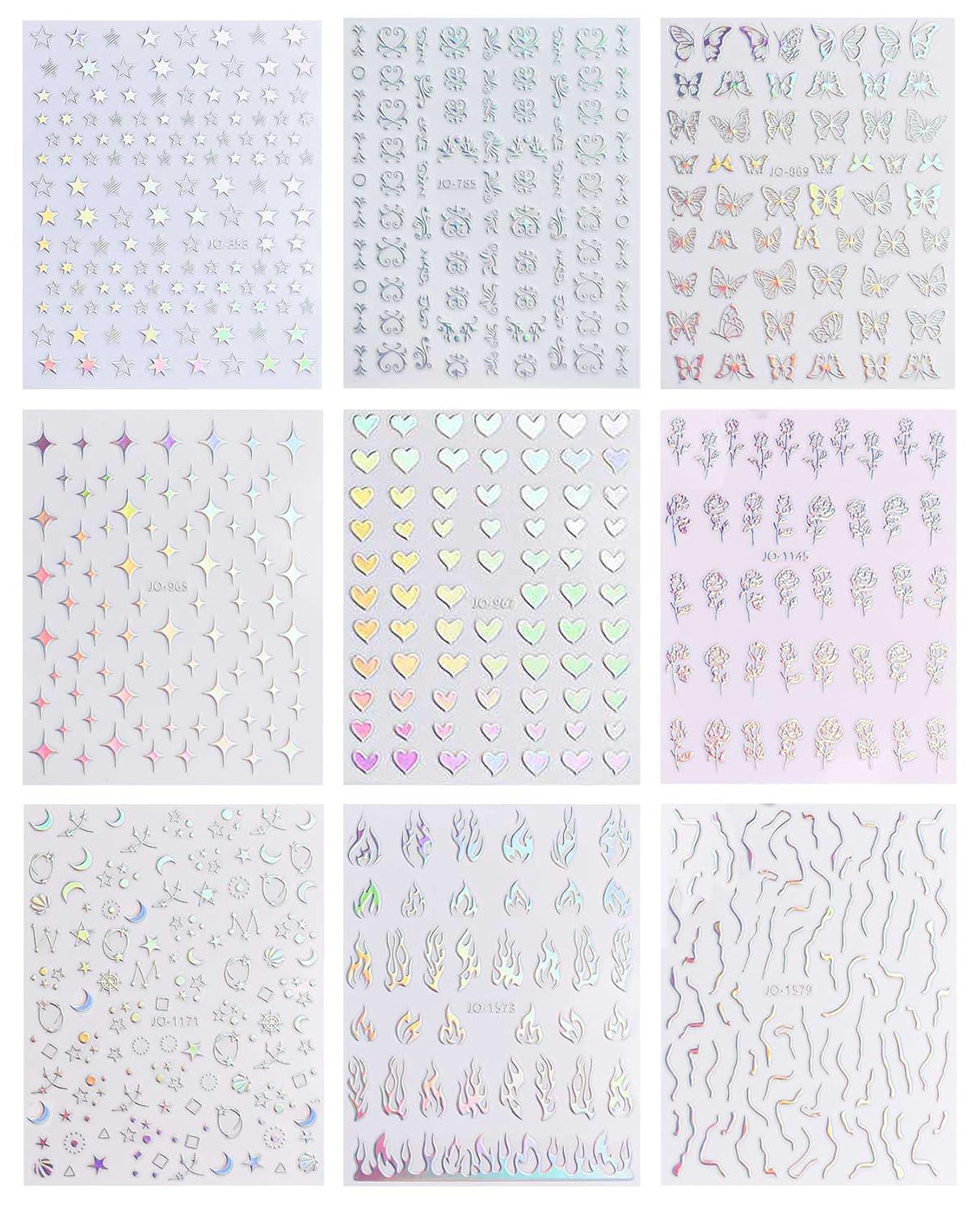 JMEOWIO Nagelsticker Aurora Holografisch 9 Blatt Nagelaufkleber Selbstklebend Herz-Flamme Spielt Schmetterlings-Mond Die Hauptrolle Nail Art Sticker Dekoration Nageldesign Zubehör
