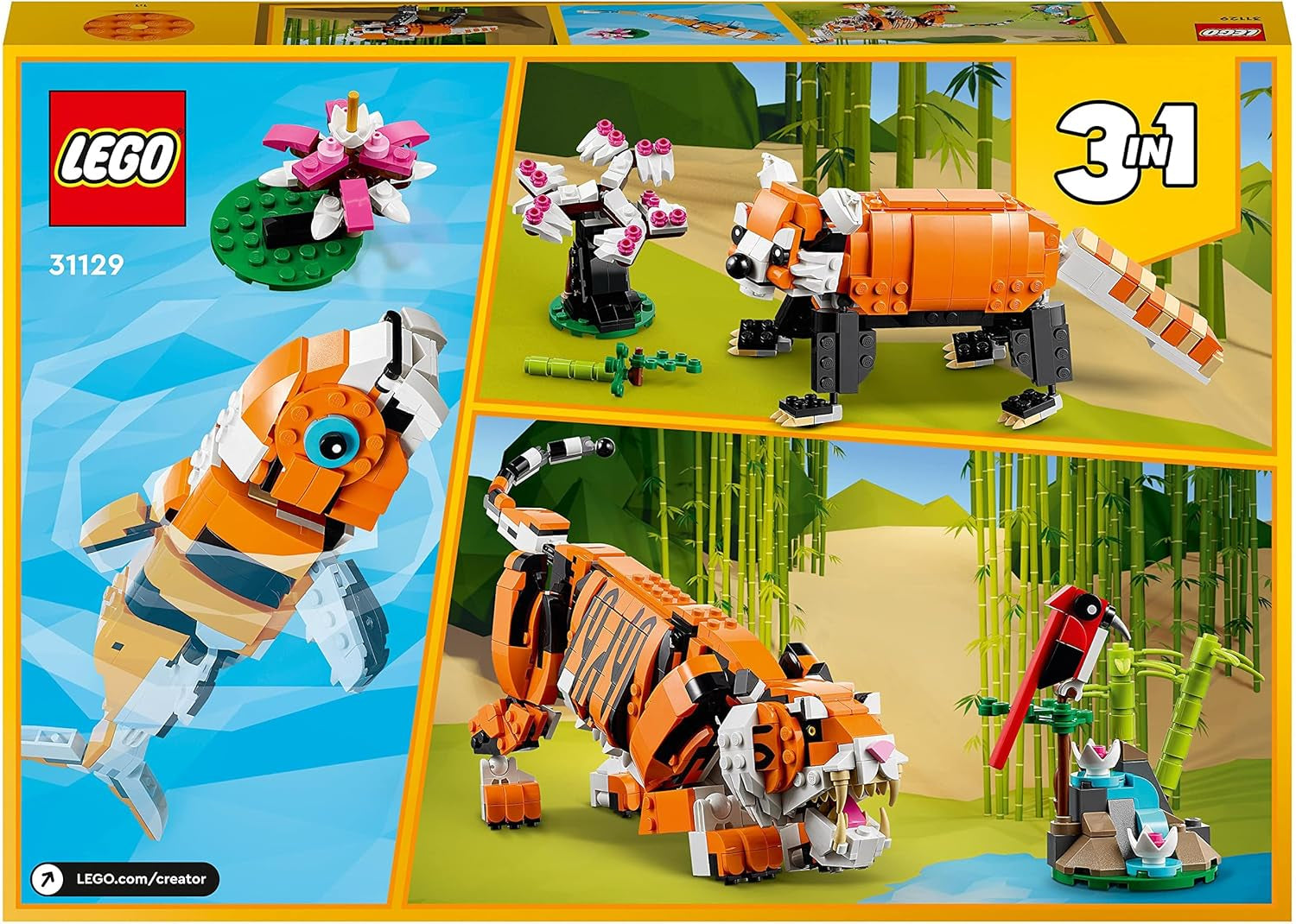 LEGO 31129 Creator Majestic Tigre, Panda o Pez Juego de figuras de animales 3 en 1 Juguete para niños Niños y niñas Juegos de construcción de juguetes de construcción de animales Besuche den LEGO-Store