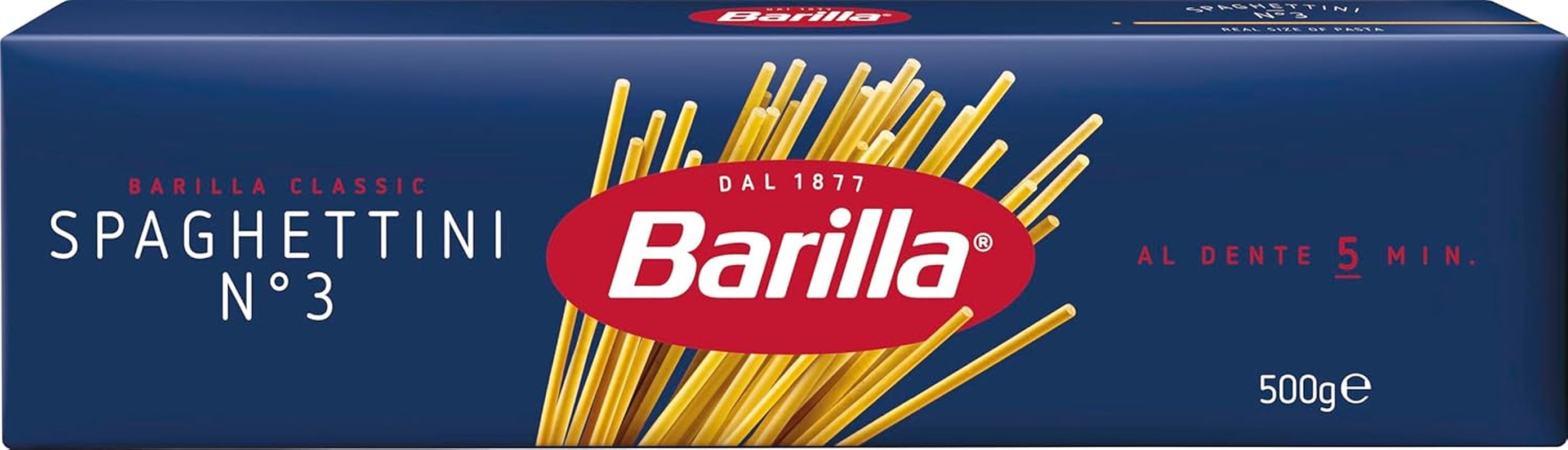 Pasta Barilla Spaghettini Clásicos núm. 3 trigos duros de alta calidad, siempre al dente (1 x 500 g)