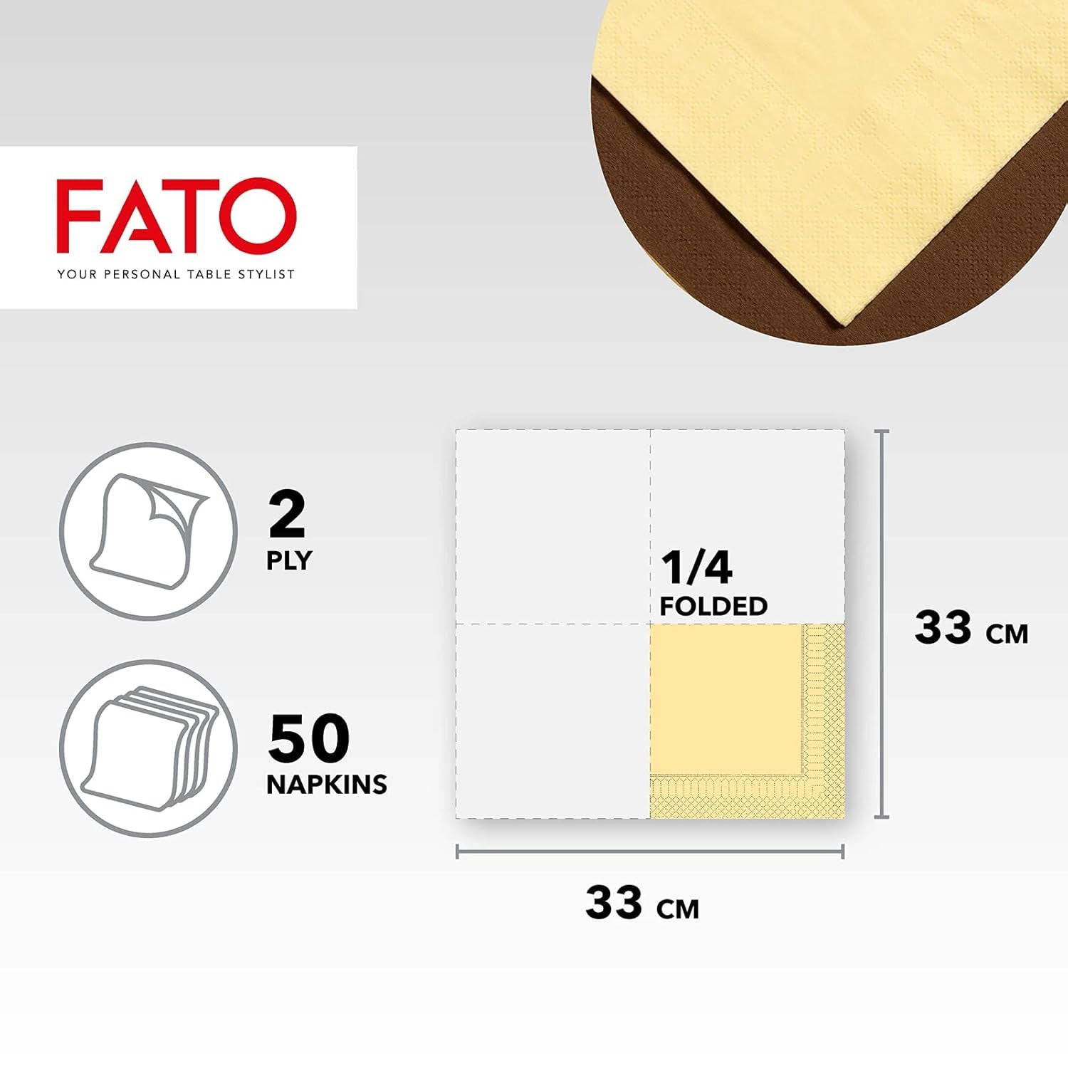 Fato - Șervețele de hârtie de unică folosință, ideale pentru prânzuri informale și bufete, pachet de 50 de șervețele, dimensiune 33X33, pliate în 4, 2 straturi, culoare șampanie, 100% hârtie din celuloză pură, FSC