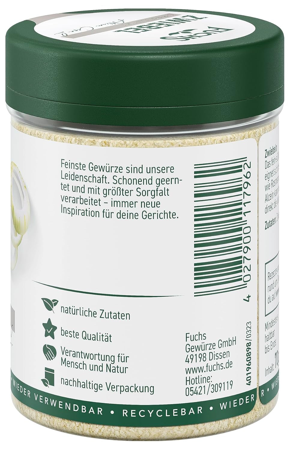 Fuchs Gewürze - Zwiebel granuliert - Gewürz für Saucen oder Nudelgerichte - ingredientes naturales - 70 g en wiederverwendbarer, recyclebarer Dosis
