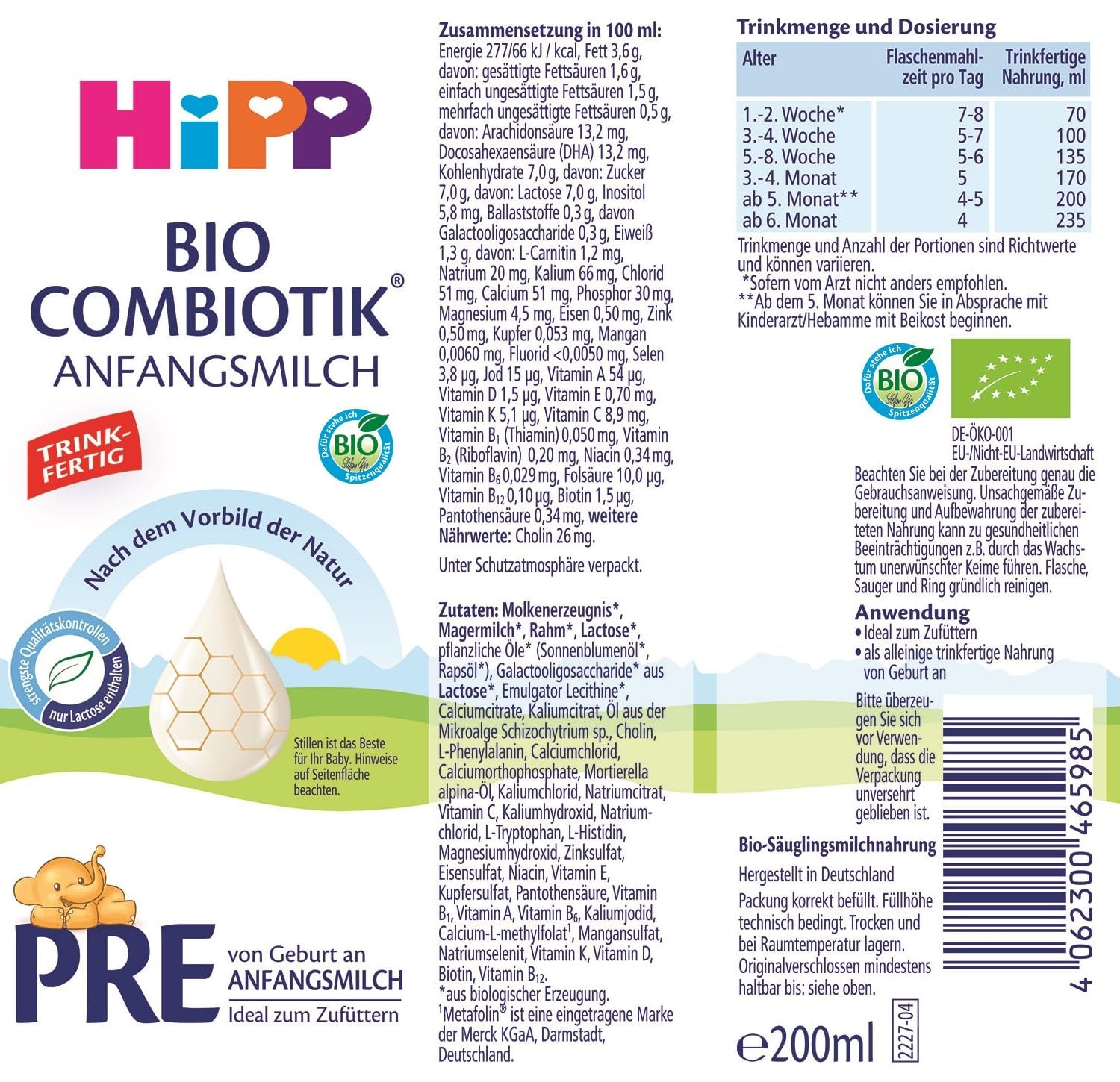 HiPP PRE Fórmula Combiótica Orgánica Lista para Beber (6 x 200ml) Leche Infantil Desde el Nacimiento Solo Contiene Lactosa como Carbohidrato Mejor Orgánico