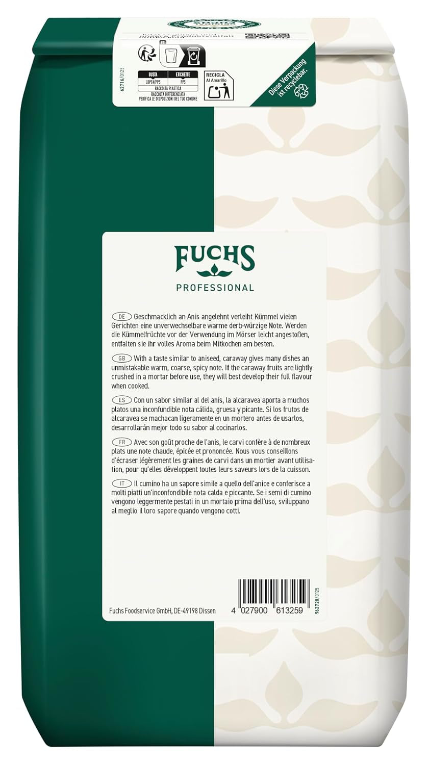 Fuchs Professional - Kümmel ganz | Ungemahlen, zum Würzen von Bratkartoffeln oder Krautgerichten | Calidad profesional para grandes empresas gastronómicas y gastronómicas | Bolsa reciclable de 1 kg.