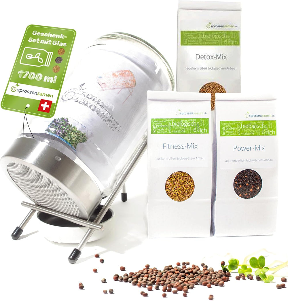 Juego de tarros de germinación de 3100 ml con set de regalo - Organic Fitness Mix, Power Mix y Detox Mix, 75 g cada uno - Tarro de germinación - incl. tapa de frasco, soporte y colador
