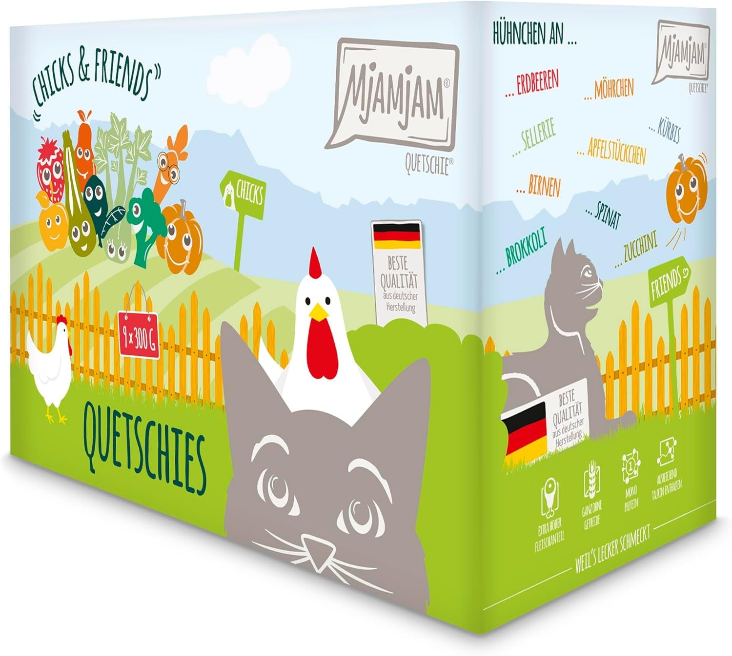 MjAMjAM - Premium Nassfutter für Katzen - Chicks & Friends Box, 9er Pack (9 x 300g), getreidefrei mit extra Fleisch