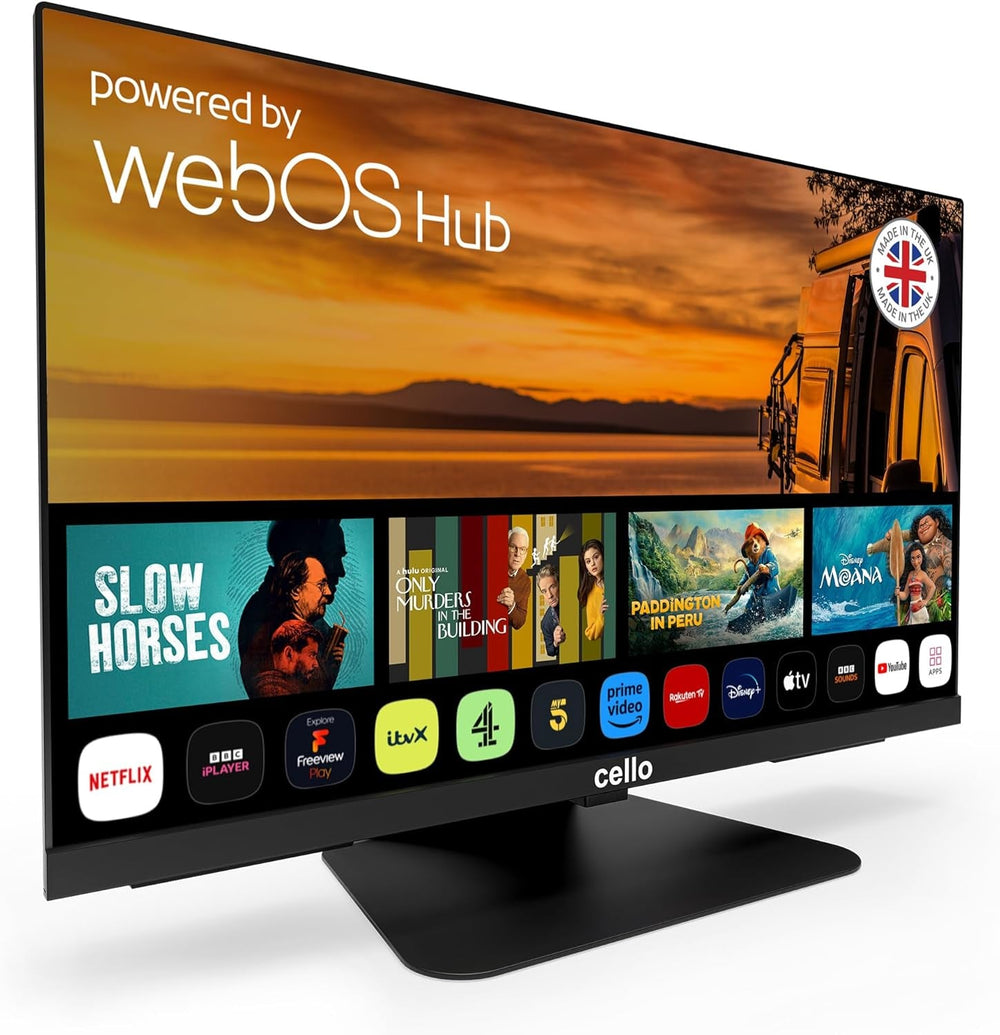 Cello C2425WSF Trav 24" 230V 12V Full HD SMART/DVD TV pentru camping, player DVD integrat, tuner triplu fără ramă, Bluetooth WebOS de la LG, difuzor Pitch Perfect pentru autorulote și camion [2025]