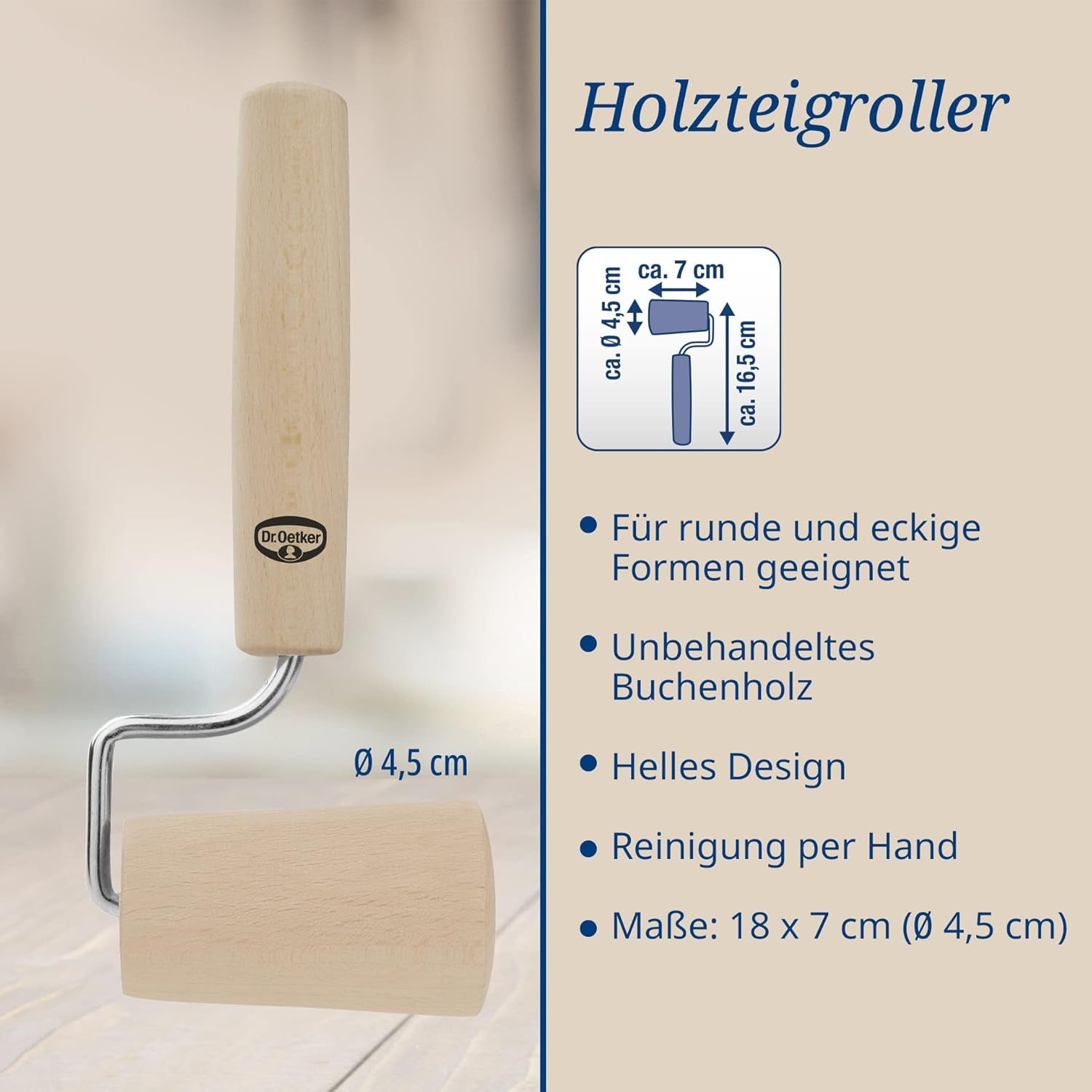 Dr. Oetker Teigroller aus Holz – Teigrolle aus Buchenholz de alta calidad – Perfekt für round und eckige Formen – aprox. 18 x 7 cm, Rollo Durchmesser ca. 4,5 cm