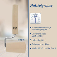 Dr. Oetker Teigroller aus Holz – Teigrolle aus Buchenholz de alta calidad – Perfekt für round und eckige Formen – aprox. 18 x 7 cm, Rollo Durchmesser ca. 4,5 cm