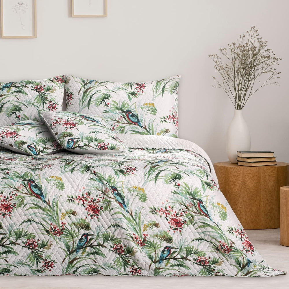 Ameliahome Cuvertură de pat Cuvertură de pat 260X280 Cm Două fețe Easy Care Quilting Model de plante Model de păsări Multicolor Kingfisher Paturi si Cuverturi Besuche den AmeliaHome-Store
