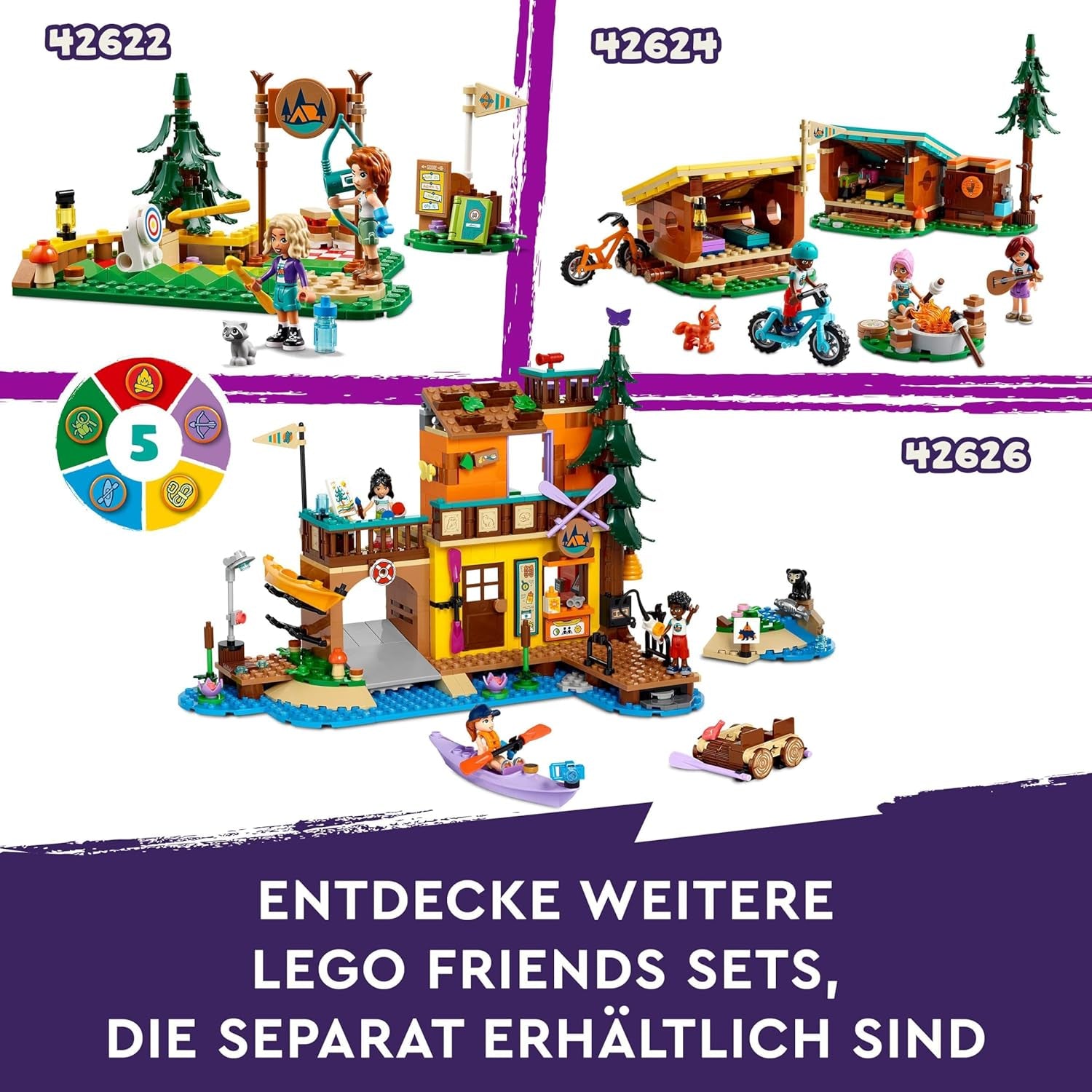 LEGO Friends Cabañas Acogedoras en el Campamento de Aventuras, Juego de rol al aire libre, Juguete infantil para niñas y niños a partir de 7 años con 3 figuras y un zorro, Juguete para acampar 42624 Juegos de construcción Besuche den LEGO-Store