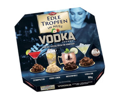 Edle Tropfen en Nuss Vodka Lounge 100g, bombones de chocolate rellenos de líquido con glaseado de chocolate con leche y crujientes trozos de avellana