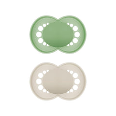 Suzete MAM Original, pachet de 2, suzete pentru bebeluși prietenoase cu dinții, fabricate din materiale sustenabile și bioregenerabile, tetine din silicon MAM SkinSoft, cu cutie pentru suzetă, 6-16 luni, verde/bej
