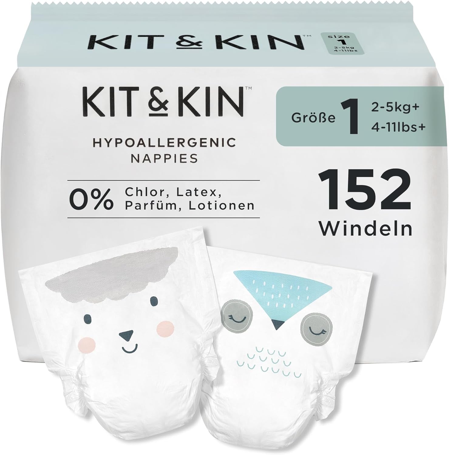Kit & Kin Pañales Premium, tamaño 4 (9-14 kg), 128 unidades, a base de plantas e hipoalergénicos, protección confiable contra fugas, veganos y libres de crueldad