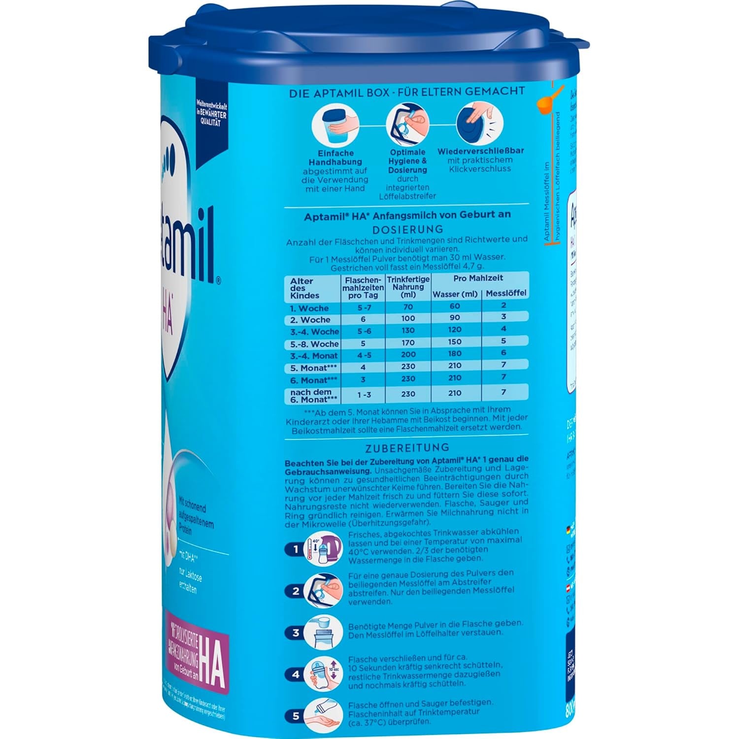 Aptamil HA 1 – Anfangsmilch von Geburt an, Mit DHA, Nur Lactose, Ohne Palmöl, Babynahrung, Milchpulver, 1x 800 g (Paquete con 4)