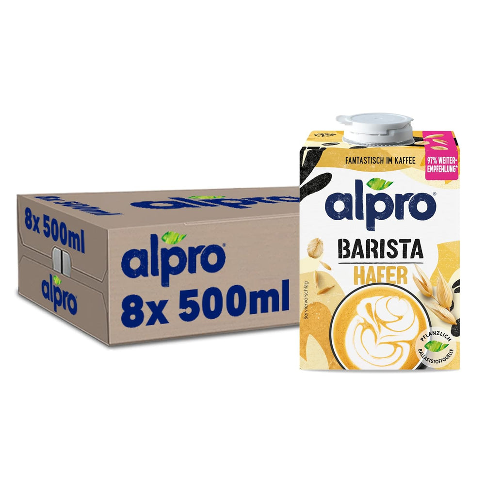 Alpro Barista Haferdrink – Zum Aufschäumen – Vegan und milchfrei – Von Natur aus lactosefrei – Rich an Ballaststoffen, Calcium and Vitaminen – 8 x 1 L – Haltbar
