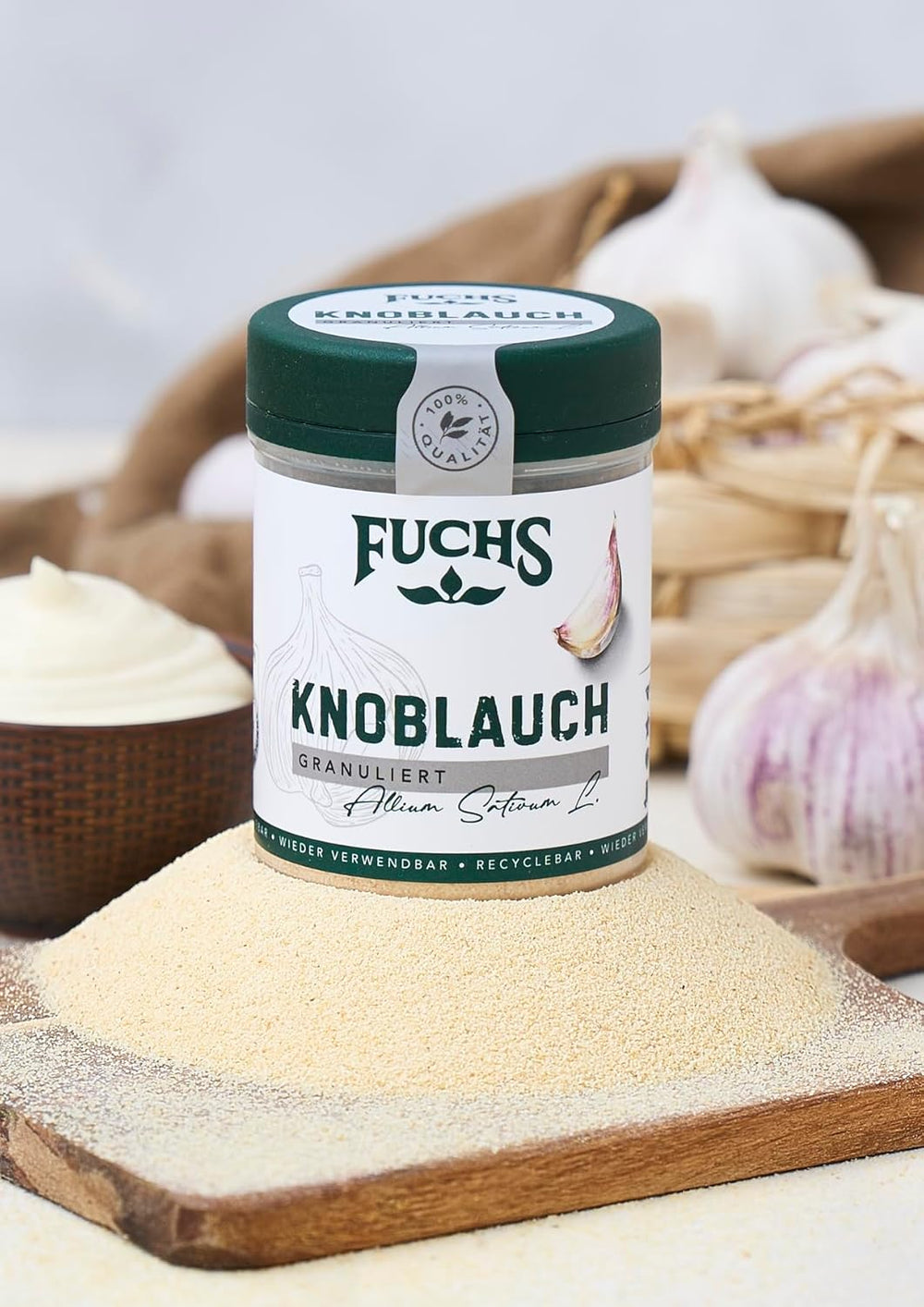 Fuchs Gewürze - Ajo granulado - würzig-zwiebliger Geschmack für Tzatziki, Knoblauchbutter oder Gemüsegerichte - ingredientes naturales - 85 g en wiederverwendbarer, recyclebarer Dosis