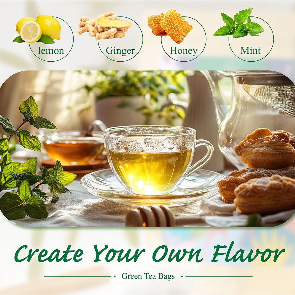 WEETEE Pliculețe de ceai verde, 100 bucăți Pliculețe de ceai verde, ceai verde pur, super antioxidant | Pliculețe resigilabile | Preparare fierbinte sau rece