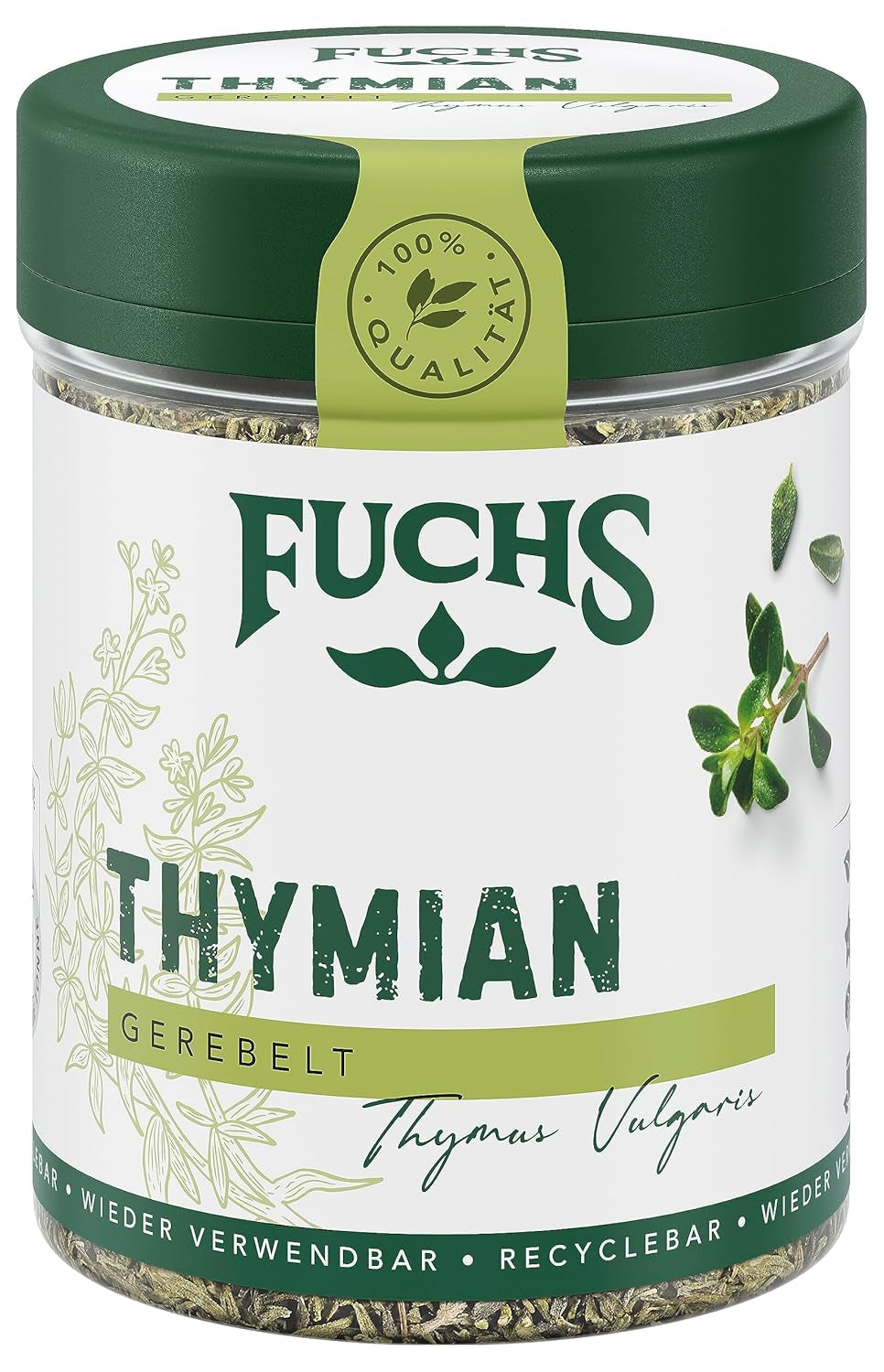 Fuchs Gewürze - Tomillo gerebelt - Mediterráneo Kräuternote für Feta, Gemüse und Fleischgerichte - ingredientes naturales - 20 g en wiederverwendbarer, recyclebarer Dosis