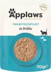 Hrană umedă pentru pisici Applaws 100% naturală, file de ton în bulion - pachet de 12 pliculețe a 70g