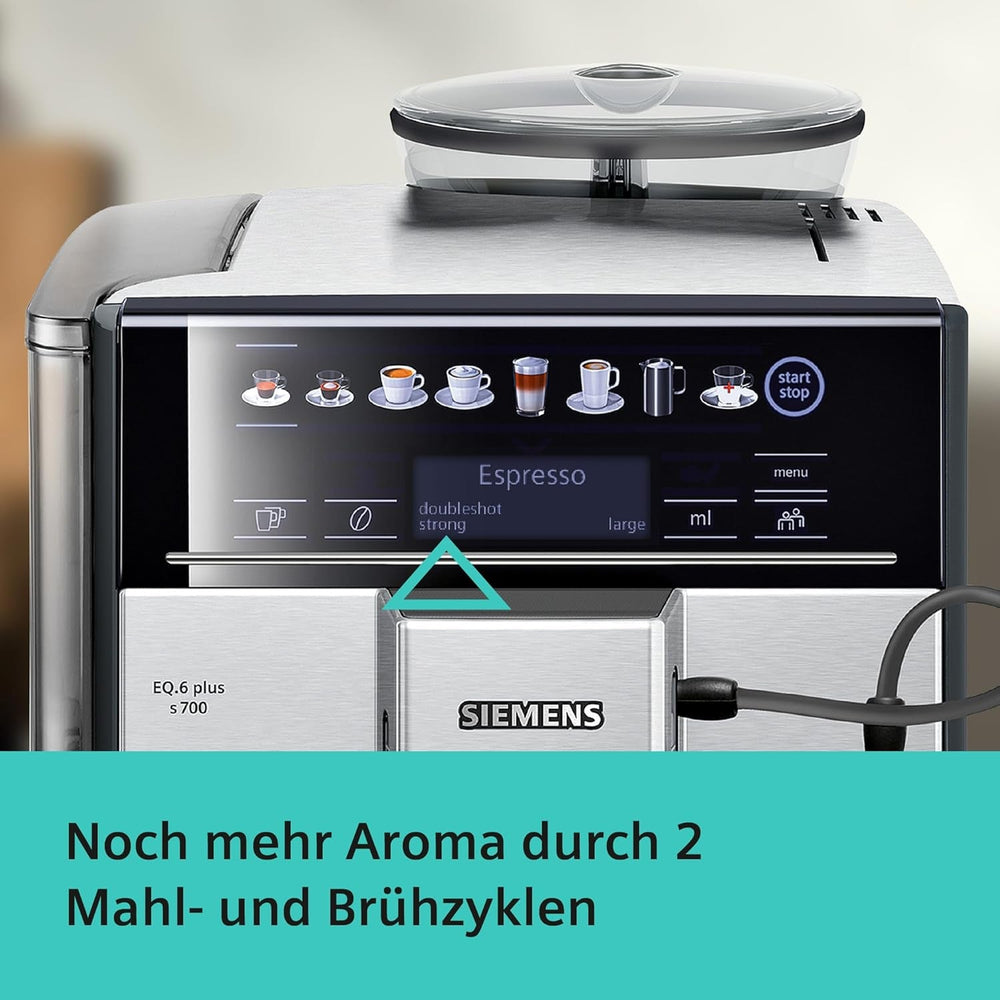 Espressor automat Siemens EQ.6 plus s700 TE657503DE, pentru multe specialități de cafea, spumator de lapte, râșniță ceramică, funcție dublă de cafea, anticalcar, curățare automată cu abur, 1500 W, oțel inoxidabil