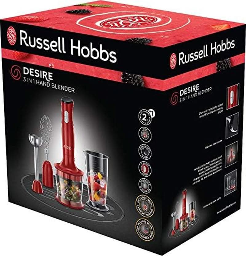 Russell Hobbs Stabmixer [3-In-1: Pürierstab/Zerkleinerer, Mixer- & Schneebesenaufsatz] Desire Rot (Bpa-Freies & Spülmaschinenfestes Zubehör, Für Smoothie, Suppen Saucen, Joghurt Babynahrung) 24700-56 Bucatarie Naty Shop