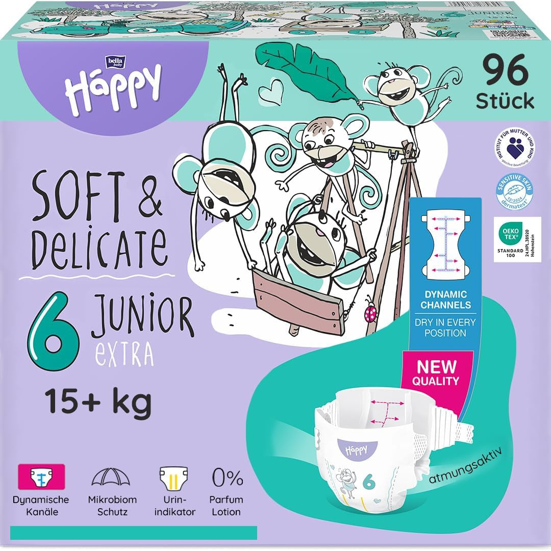 Pañales Bella Baby Happy Premium, Talla 6, Junior Extra, 15+ kg, 96 piezas, Sello DERMATEST y OEKO-TEX, Pañales Desechables para Bebé