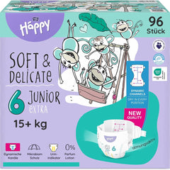 Pañales Bella Baby Happy Premium, Talla 6, Junior Extra, 15+ kg, 96 piezas, Sello DERMATEST y OEKO-TEX, Pañales Desechables para Bebé
