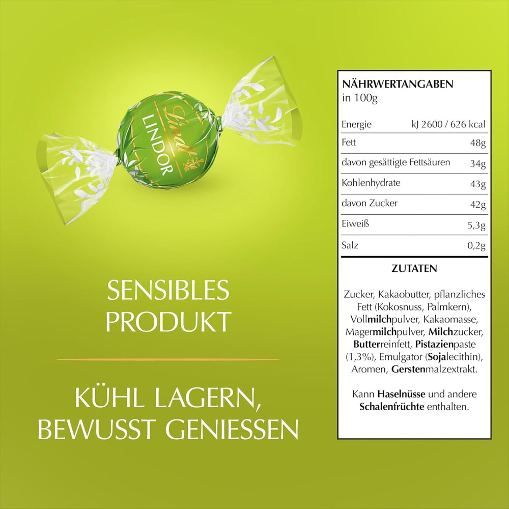 Lindt LINDOR Chocolate con Pistacho | Bolsa resellable de 1 kg | aprox. 80 bolas de chocolate con leche con relleno de crema de pistacho que se derrite en la boca | Paquete a granel, regalo de praliné