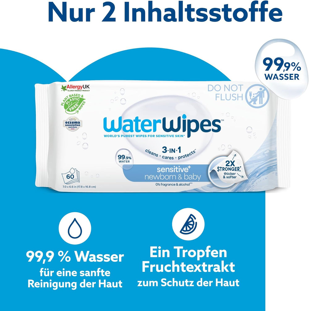 WaterWipes Sensitive+ Toallitas húmedas para recién nacidos y bebés, 360 piezas (paquete de 6), limpieza, cuidado, protección 3 en 1, 99,9% agua, sin fragancia