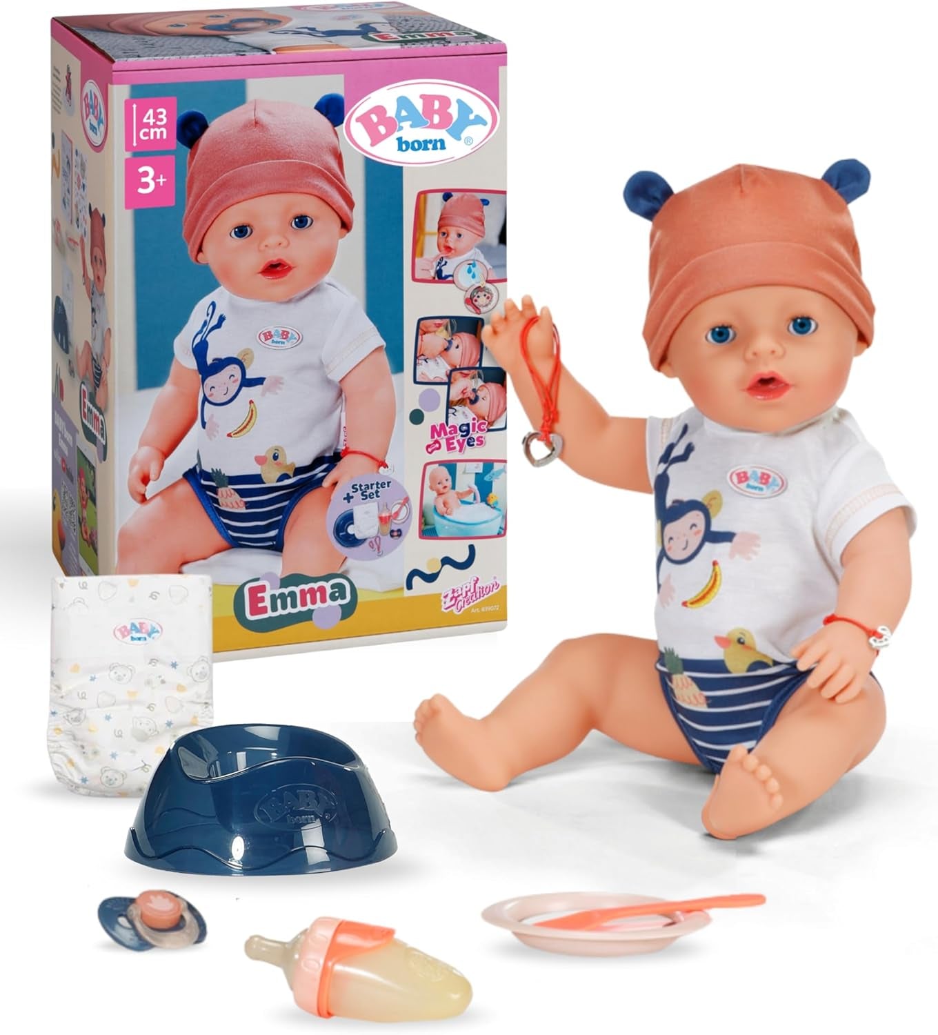 Păpușă Baby Born Emma în stil junglă - 43 cm - 10 funcții, inclusiv accesorii și salopă în culori unisex - Funcționează fără baterii - Potrivită pentru copii cu vârsta de 3 ani și peste