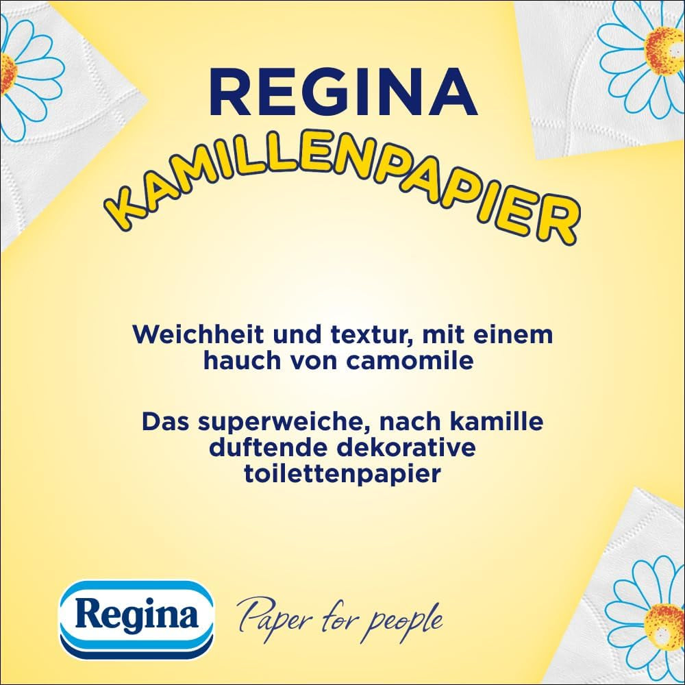 Hârtie igienică Regina Chamomile Paper 3 straturi - pachet de 16 role, 150 de foi pe rolă, moale și delicată cu aromă de mușețel și hârtie certificată Fsc