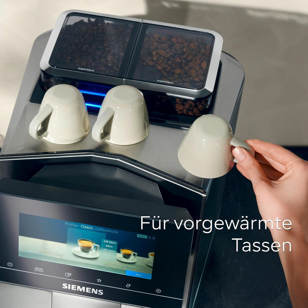 Espressor automat Siemens EQ900, ecran TFT color mare, 2 recipiente pentru boabe, 36 de băuturi calde și reci, cafea rece, super silențios, funcție pentru două cești, control prin aplicație, oțel inoxidabil, TQ907D03