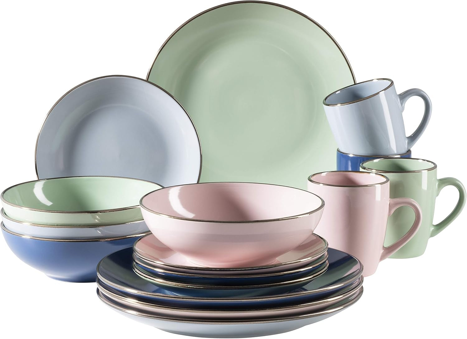 MÄSER 931870 Ramă metalică, Set de veselă modern pentru 4 persoane cu ramă de culoarea alamei, Set combinat de 16 piese cu forme de coupe fără ramă, Multicolor, Gresie, Pastel'n'Blue