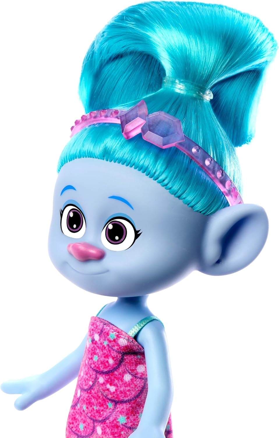 Mattel DREAMWORKS TROLLS Gemeinsam Stark – Haarige Überraschungen Chenille Puppe mit leuchtend blauem Haar zum Stylen, lila Stirnband, para niños de 3 años, HNF15