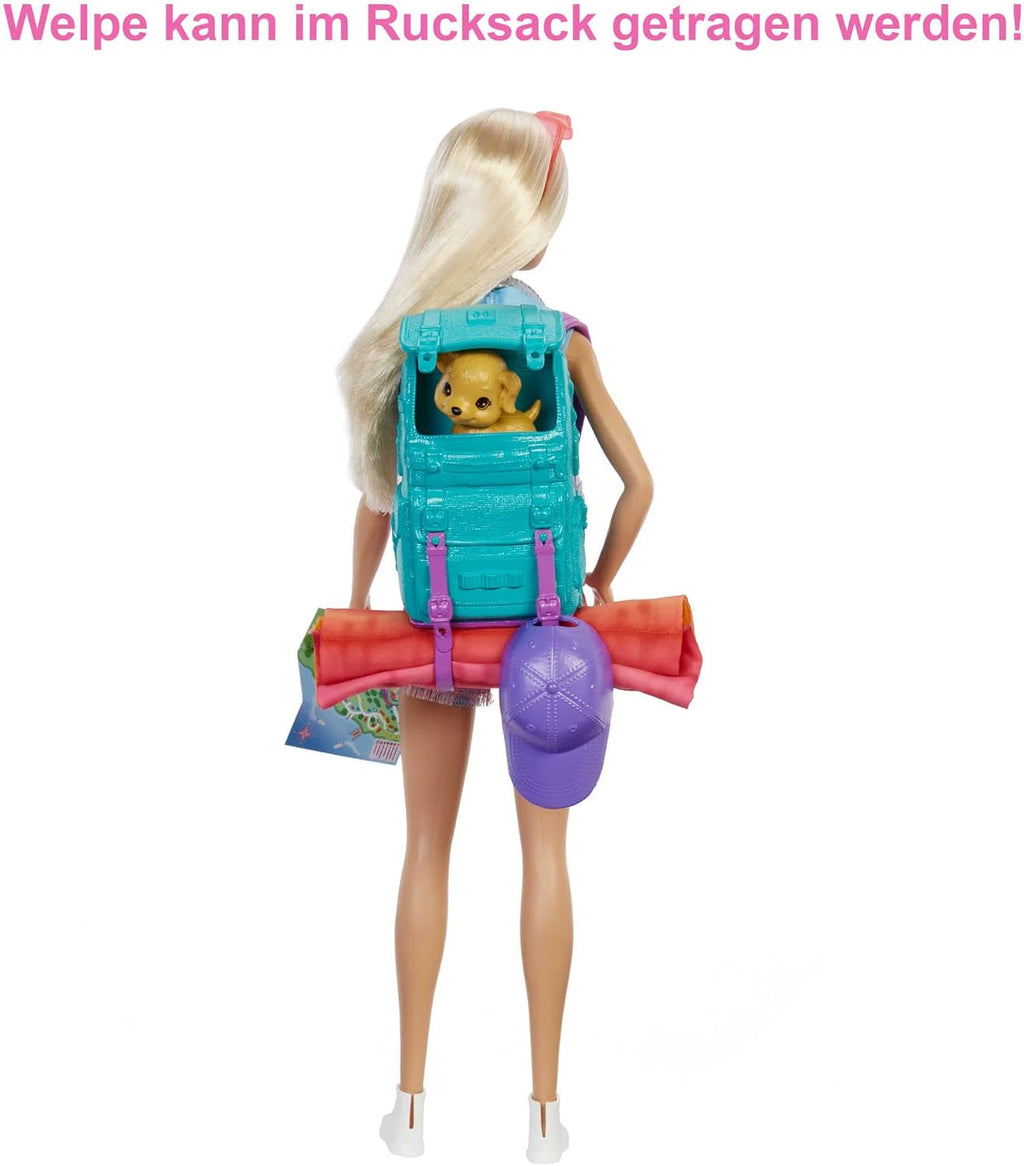 Barbie Camping Series, păpușă 1X cu păr blond, rucsac de drumeție, echipament de exterior, binoclu, hartă, cățel, accesorii, cadou pentru copii, jucărie de la 3 ani,Hdf73 Papusi Naty Shop
