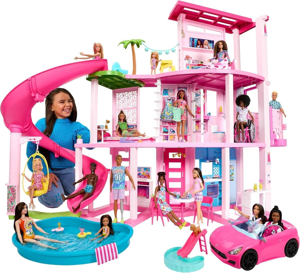 Barbie Dream Villa, casă Barbie cu 3 etaje cu 10 zone de joacă, inclusiv piscină, tobogan, lift, 75 de accesorii pentru păpuși, cățeluș de jucărie, jucărie pentru copii cu vârsta de peste 3 ani, HMX10 Casute de papusi Naty Shop