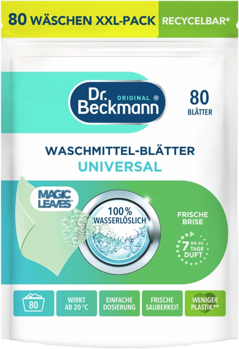 Hojas de detergente Dr Beckmann COLOR HOJAS MÁGICAS | Toallitas de lavado predosificadas y solubles en agua | Ahorro de espacio y fácil de usar | 25 hojas Naty Shop Detergente para Ropa 80 piezas Universal