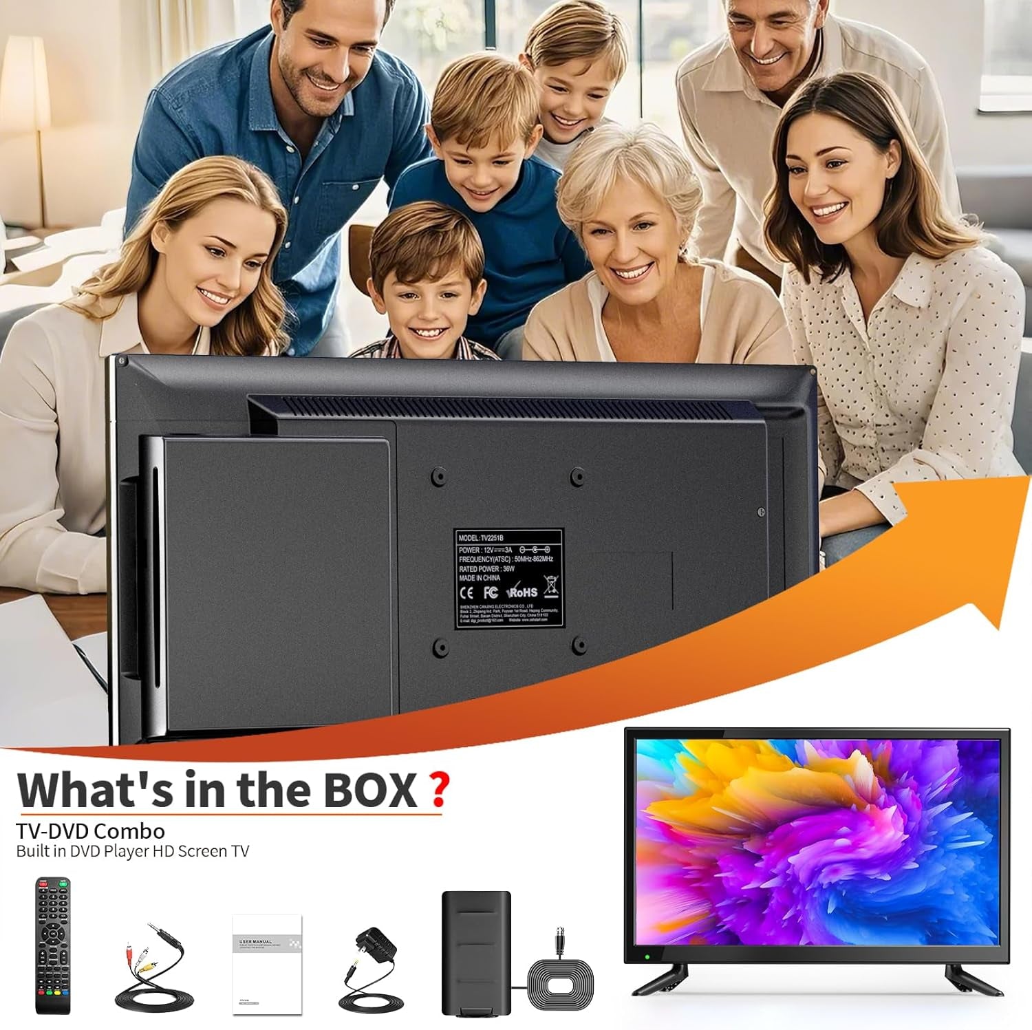 Noi îmbunătățiri - Televizor mic Desobry de 22 de inci cu DVD player, mini TV 1080P tuner DVB-T2 cu antenă, intrare HDMI/USB, combinație TV-DVD de 12V pentru autorulote, bucătării și camere mici