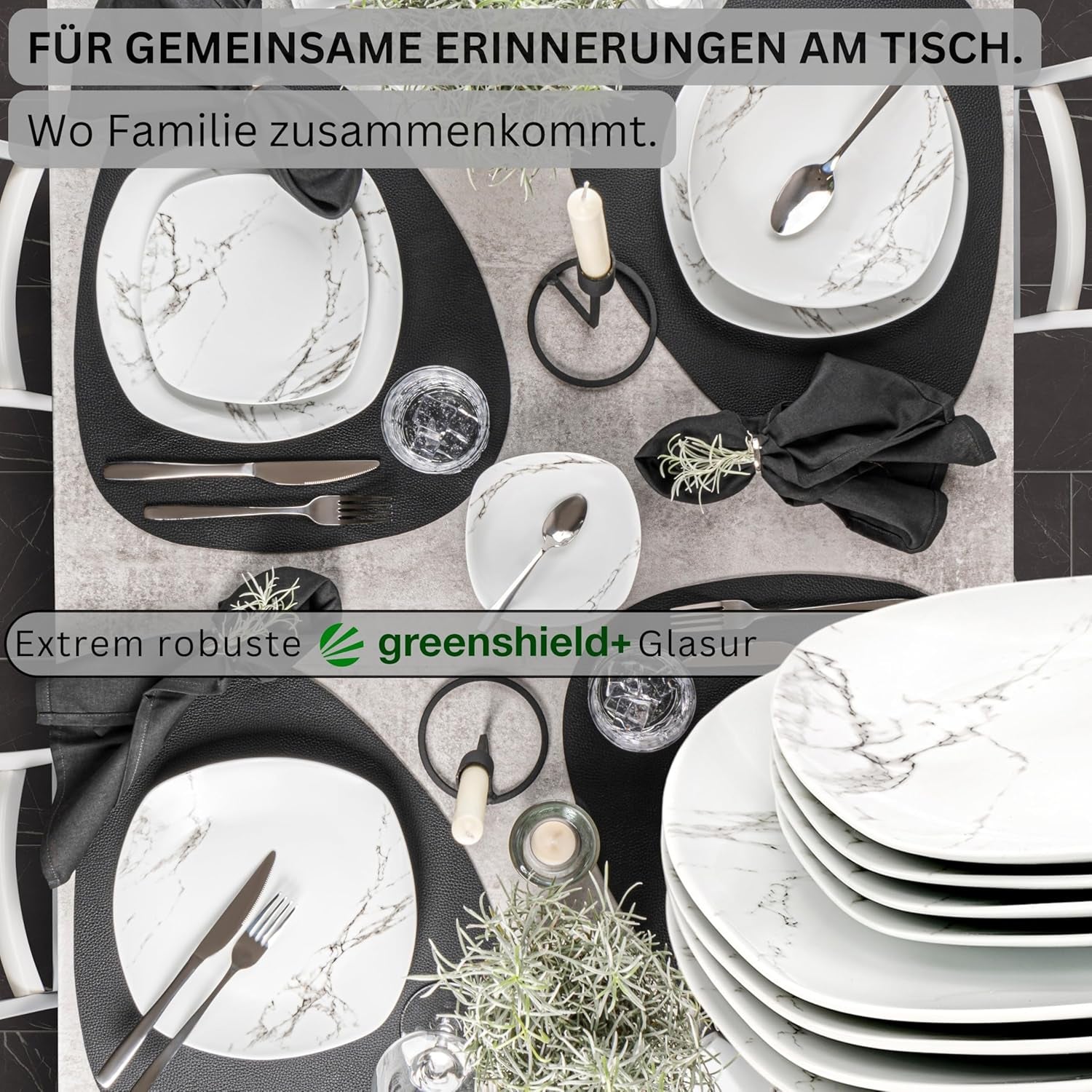 SÄNGER | Set de veselă combinat Bilgola din marmură, set de veselă cu 36 de piese pentru 6 persoane, cu farfurii de cină, farfurii de desert, farfurii de sumă, boluri pentru cereale, farfurii de cafea și farfurioare din porțelan, pătrat | COLECȚIA PREMIUM