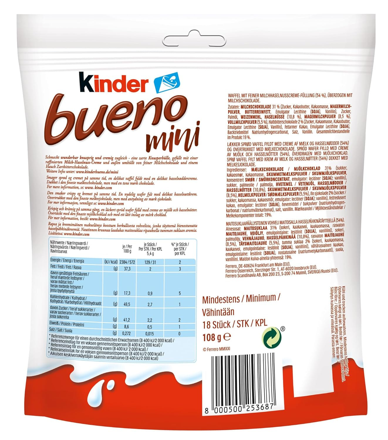 Kinder Bueno Mini - Barritas de chocolate con oblea crujiente, crema de leche y avellanas y chocolate fino con leche - Delicias de carnaval - 1 bolsa de mini barritas envueltas individualmente (1 x 108 g)