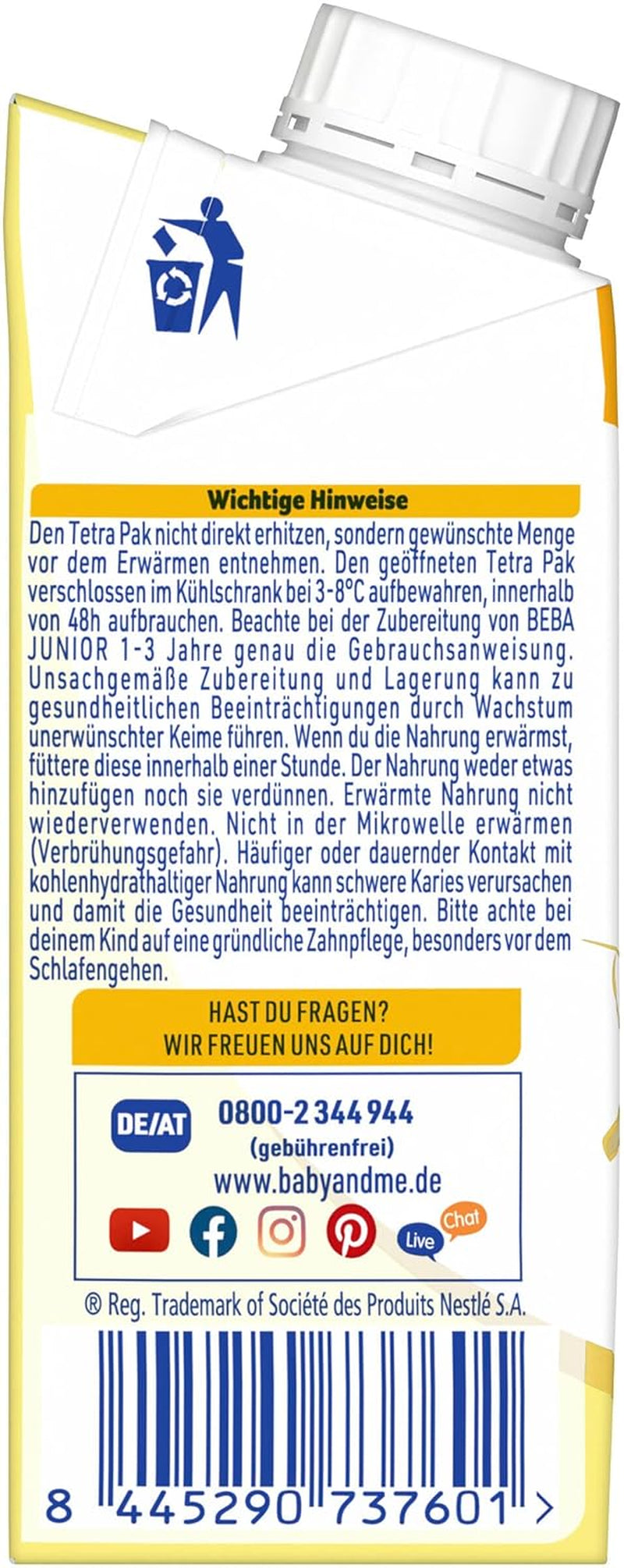 BEBA Bebida de leche lista para beber para niños de 1 a 3 años, con HMO, contenido de proteínas apropiado para la edad, sin aceite de palma, sin aceite de pescado, comida para niños pequeños, paquete de 6 (6 x 200 ml)